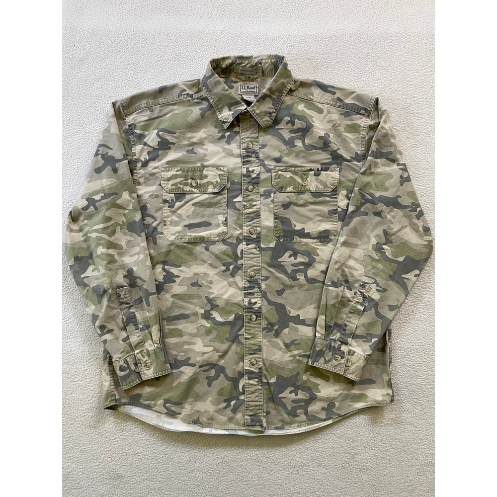 90s Vintage LL Bean Mens Large Button Down Shirt Green Camo Traditional - Picture 1 of 13
